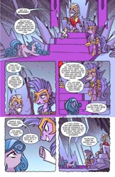 Size: 993x1528 | Tagged: safe, artist:tonyfleecs, edit, idw, imported from derpibooru, king diomedes, swift foot, terri belle, earth pony, pony, spoiler:comic, spoiler:comicfeatsoffriendship03, armor, beard, braid, braided tail, comic, facial hair, female, guardsmare, male, mare, preview, royal guard, spear, speech bubble, stallion, thracian, throne, weapon