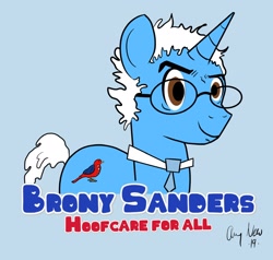 Size: 1818x1730 | Tagged: safe, artist:amynewblue, imported from derpibooru, pony, unicorn, bernie sanders, brony sanders, conan o'brien, democrat, glasses, gray background, hooves, joke, male, meme, necktie, politics, ponified, raised eyebrow, simple background, smiling, smirk, solo, stallion