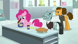Size: 1920x1080 | Tagged: safe, imported from derpibooru, screencap, cheese sandwich, pinkie pie, sans smirk, pony, the last laugh, alternate hairstyle, clothes, food, peanut butter, pie, sad, sweater, turtleneck