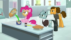 Size: 1920x1080 | Tagged: safe, imported from derpibooru, screencap, cheese sandwich, pinkie pie, sans smirk, pony, the last laugh, alternate hairstyle, clothes, food, peanut butter, pie, sad, sweater, turtleneck