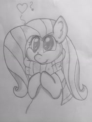 Size: 2448x3264 | Tagged: safe, artist:dashybestpony, imported from derpibooru, fluttershy, pegasus, pony, clothes, cute, female, heart, love, mare, monochrome, question, scarf, simple background, smiling, solo, standing, traditional art