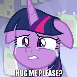 Size: 601x600 | Tagged: safe, edit, edited screencap, imported from derpibooru, screencap, twilight sparkle, twilight sparkle (alicorn), alicorn, pony, the ending of the end, bronybait, caption, cropped, crying, cute, daaaaaaaaaaaw, female, floppy ears, hug, hug request, image macro, mare, sad, sadorable, scared, solo, tears of fear, teary eyes, text, twiabetes