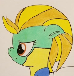 Size: 1484x1528 | Tagged: safe, artist:polar_storm, imported from derpibooru, lightning dust, pegasus, pony, clothes, colored sketch, female, frustrated, simple background, solo, traditional art, uniform, white background, wonderbolt trainee uniform
