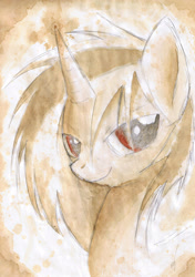 Size: 2400x3400 | Tagged: safe, artist:manearion, imported from derpibooru, dj pon-3, vinyl scratch, pony, unicorn, blood, bust, coffee, female, mare, smiling, solo, traditional art