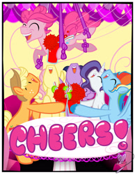 Size: 3500x4500 | Tagged: safe, artist:becauseimpink, imported from derpibooru, applejack, fluttershy, pinkie pie, rainbow dash, rarity, twilight sparkle, earth pony, pegasus, pony, unicorn, comic:transition, applejack (male), bubble berry, butterscotch, cheering, comic, cup, dialogue, dusk shine, elusive, freckles, happy, hat, hoof hold, male, mane six, open mouth, rainbow blitz, rule 63, sitting, smiling, speech, stallion, table, transgender, unshorn fetlocks