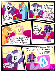 Size: 3500x4500 | Tagged: safe, artist:becauseimpink, imported from derpibooru, applejack, fluttershy, rainbow dash, rarity, twilight sparkle, earth pony, pegasus, pony, unicorn, comic:transition, applejack (male), blushing, butterscotch, comic, cup, dialogue, dusk shine, elusive, glowing horn, horn, magic, male, rainbow blitz, rule 63, sitting, stallion, telekinesis, transgender, unshorn fetlocks
