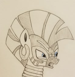 Size: 2234x2273 | Tagged: safe, artist:polar_storm, imported from derpibooru, zecora, pony, zebra, the cutie re-mark, blue eyes, female, monochrome, neo noir, partial color, simple background, sketch, solo, traditional art, white background