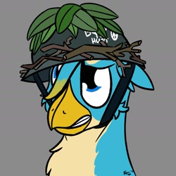Size: 2013x2013 | Tagged: safe, artist:kamithepony, imported from derpibooru, gallus, griffon, born to x, full metal jacket, helmet, leaves, male, simple background, solo, stick