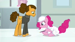 Size: 1920x1080 | Tagged: safe, imported from derpibooru, screencap, cheese sandwich, pinkie pie, pony, the last laugh, alternate hairstyle, clothes, hard hat, lab coat, pencil, sweater, turtleneck