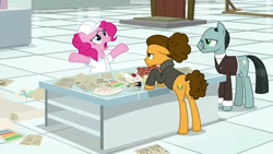 Size: 1920x1080 | Tagged: safe, imported from derpibooru, screencap, cheese sandwich, pinkie pie, sans smirk, pony, the last laugh, alternate hairstyle, butt, clothes, hard hat, lab coat, paper, plot, sweater, turtleneck