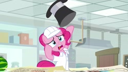 Size: 1920x1080 | Tagged: safe, imported from derpibooru, screencap, pinkie pie, pony, the last laugh, clothes, female, hard hat, hat, lab coat, mare, solo, top hat