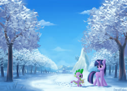 Size: 3500x2500 | Tagged: safe, artist:emeraldgalaxy, imported from derpibooru, spike, twilight sparkle, dragon, pony, unicorn, canterlot, canterlot castle, cute, duo, footprints, ponyville, ponyville town hall, scenery, scroll, snow, spikabetes, tree, twiabetes, unicorn twilight, winter