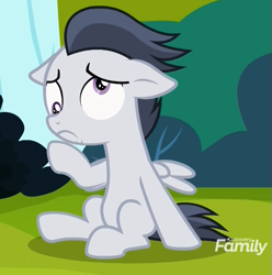 Size: 577x581 | Tagged: safe, imported from derpibooru, screencap, rumble, pegasus, pony, marks and recreation, colt, cropped, derp, discovery family logo, dizzy, dizzy eyes, male, sitting, solo