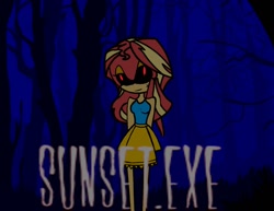 Size: 1200x927 | Tagged: artist needed, safe, artist:thatradhedgehog, imported from derpibooru, sunset shimmer, equestria girls, clothes, dark forest, female, grimderp, horror, skirt, solo, sonic the hedgehog (series), sonic.exe