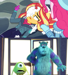 Size: 2500x2745 | Tagged: safe, artist:redstriker23424, edit, edited screencap, imported from derpibooru, screencap, pinkie pie, sunset shimmer, equestria girls, equestria girls series, holidays unwrapped, spoiler:eqg series (season 2), disney, james p. sullivan, meme, mike wazowski, monsters inc., pixar, saving pinkie's pie