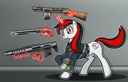 Size: 2522x1626 | Tagged: safe, artist:wangkingfun, imported from derpibooru, oc, oc only, oc:blackjack, pony, unicorn, fallout equestria, fallout equestria: project horizons, butt, fanfic, fanfic art, female, glowing horn, gun, hooves, horn, levitation, magic, mare, raised hoof, scope, shotgun, solo, telekinesis, vault security armor, weapon