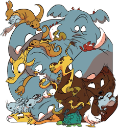 Size: 735x795 | Tagged: safe, artist:jay fosgitt, edit, idw, imported from derpibooru, bat, bear, bird, cat, cheetah, dog, duck, elephant, ferret, giraffe, kangaroo, koala, mouse, rabbit, sloth, squirrel, tortoise, spoiler:comic, spoiler:comic54, animal, background removed, dachshund, daschund, simple background, transparent background