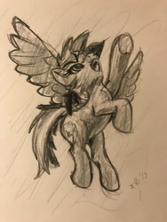 Size: 960x1280 | Tagged: safe, artist:xbi, imported from derpibooru, rainbow dash, pegasus, pony, female, flying, monochrome, smiling, solo, traditional art