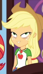 Size: 266x452 | Tagged: safe, imported from derpibooru, screencap, applejack, equestria girls, equestria girls series, holidays unwrapped, spoiler:eqg series (season 2), animation error, applejack's hat, bags under eyes, blizzard or bust, clothes, cowboy hat, cropped, denim skirt, female, geode of super strength, hat, lidded eyes, magical geodes, skirt, wall eyed
