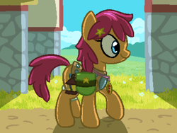 Size: 800x600 | Tagged: safe, artist:rangelost, imported from derpibooru, oc, oc only, oc:trailblazer, earth pony, pony, cyoa:d20 pony, armor, colored, cyoa, description is relevant, female, hairpin, jewelry, leather armor, mare, necklace, outdoors, pixel art, saddle bag, solo, story included, walking