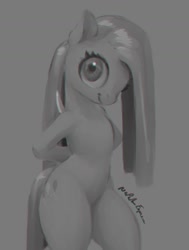 Size: 897x1189 | Tagged: safe, artist:napalm express, imported from derpibooru, pinkie pie, earth pony, pony, female, hooves behind back, monochrome, pinkamena diane pie, smiling, solo
