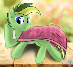 Size: 1185x1080 | Tagged: safe, artist:rainbow eevee, imported from derpibooru, oc, oc only, oc:didgeree, pegasus, pony, blanket, cute, garden, irl, looking at you, male, photo, prone, solo, underhoof, wood