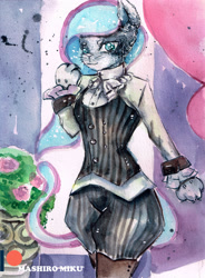 Size: 2409x3268 | Tagged: safe, artist:mashiromiku, imported from derpibooru, princess luna, anthro, cat, catified, furry, patreon, patreon logo, princess mewna, species swap, traditional art, watercolor painting