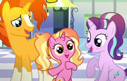 Size: 1006x638 | Tagged: dead source, safe, artist:missxxfofa123, imported from derpibooru, luster dawn, starlight glimmer, sunburst, pony, unicorn, the last problem, bags under eyes, base used, blaze (coat marking), coat markings, crystal empire, cute, facial markings, father and child, father and daughter, female, filly, filly luster dawn, headcanon, luster dawn is starlight's and sunburst's daughter, lusterbetes, male, mama starlight, mare, missing beard, mother and child, mother and daughter, offspring, papa sunburst, parent:starlight glimmer, parent:sunburst, parents and child, parents:starburst, shipping, socks (coat markings), stallion, starburst, straight, train station, younger