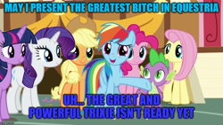 Size: 888x500 | Tagged: safe, edit, edited screencap, imported from derpibooru, screencap, applejack, fluttershy, pinkie pie, rainbow dash, rarity, spike, twilight sparkle, alicorn, dragon, the last crusade, caption, image macro, implied trixie, mane six, op is a duck, text, twilight sparkle (alicorn), vulgar, winged spike, wings