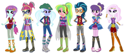 Size: 1396x600 | Tagged: safe, artist:karalovely, artist:selenaede, imported from derpibooru, fleur-de-lis, indigo zap, lemon zest, sour sweet, sugarcoat, sunny flare, suri polomare, equestria girls, base used, clothes, female, friendship justice, shadow five, shadowbolts, supervillain