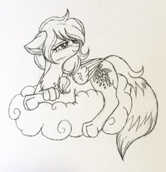 Size: 2877x2968 | Tagged: safe, artist:starletnightwind, imported from derpibooru, oc, oc:dream catcher, fox, fox pony, hybrid, pony, chest fluff, cloud, ear fluff, female, high res, sitting on a cloud, sitting on cloud, sketch