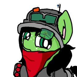 Size: 1440x1440 | Tagged: safe, artist:scotch, imported from derpibooru, oc, oc:filly anon, pony, armor, bandana, female, filly, freckles, helmet, hud, rocket launcher, scrunchy face, soldier, visor