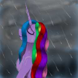 Size: 800x800 | Tagged: safe, artist:auroraswirls, imported from derpibooru, oc, oc only, oc:aurora swirls, alicorn, pony, alicorn oc, bust, eyes closed, female, horn, mare, rain, smiling, solo