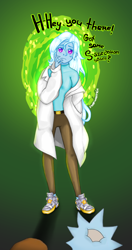 Size: 1000x1897 | Tagged: safe, artist:starwantrix, imported from derpibooru, trixie, human, equestria girls, clothes, crossover, lab coat, parody, portal, rick and morty, szechuan sauce, wingding eyes