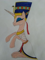 Size: 3120x4160 | Tagged: safe, artist:bsw421, imported from derpibooru, oc, oc:neferneferuaten nefertiti, pony, unicorn, clothes, egyptian, egyptian pony, eyes closed, happy, headdress, jewelry, necklace, nefertiti, smiling, traditional art