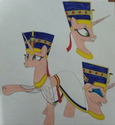 Size: 2836x3077 | Tagged: safe, artist:bsw421, imported from derpibooru, oc, oc only, oc:neferneferuaten nefertiti, pony, unicorn, crying, depressed, egyptian, egyptian pony, headdress, nefertiti, sad, shocked, solo, traditional art