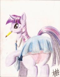 Size: 1700x2203 | Tagged: safe, artist:fizzyrox, imported from derpibooru, twilight sparkle, pony, unicorn, clothes, female, mare, miniskirt, mouth hold, necktie, pencil, pleated skirt, raised hoof, signature, skirt, solo, traditional art, unicorn twilight, upskirt