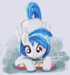 Size: 976x1040 | Tagged: safe, artist:tiffortat, imported from derpibooru, dj pon-3, vinyl scratch, pegasus, pony, bootleg waifu, face down ass up, female, keyboard, mare, race swap, smiling, solo, toy