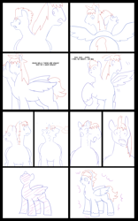 Size: 5000x8000 | Tagged: safe, artist:chedx, imported from derpibooru, flash sentry, trouble shoes, oc, oc:fast hooves, clydesdale, earth pony, pegasus, pony, comic:the fusion flashback, butt, comic, commissioner:bigonionbean, confused, dialogue, flank, forced, fuse, fusion, fusion:fast hooves, fusion:flash sentry, fusion:trouble shoes, large butt, magic, merging, panicking, plot, potion, sketch, sketch dump, swelling, writer:bigonionbean