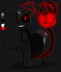 Size: 600x700 | Tagged: safe, artist:didun850, imported from derpibooru, oc, oc only, oc:hrodebert, earth pony, pony, shadow pony, chest fluff, cloak, clothes, earth pony oc, glowing eyes, grin, male, possessed, raised hoof, reference sheet, sharp teeth, slit eyes, slit pupils, smiling, sombra eyes, stallion, story included, teeth