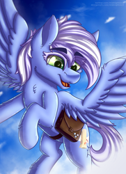 Size: 1500x2075 | Tagged: safe, artist:midnightsix3, imported from derpibooru, oc, oc:holly (deltauraart), pegasus, pony, cloud, female, flying, mare, saddle bag, sky, smiling