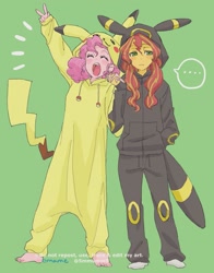 Size: 1235x1572 | Tagged: safe, artist:5mmumm5, deleted from derpibooru, imported from derpibooru, pinkie pie, sunset shimmer, pikachu, umbreon, equestria girls, ..., anime, barefoot, clothes, costume, cute, duo, eyes closed, feet, female, green background, kigurumi, onesie, open mouth, peace sign, pokémon, simple background, socks, speech bubble