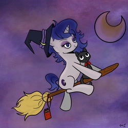 Size: 2048x2048 | Tagged: safe, artist:amynewblue, imported from derpibooru, oc, oc only, oc:moonlit silver, cat, pony, unicorn, bowtie, broom, commission, crescent moon, flying, flying broomstick, halloween, hat, holiday, magic, moon, night, solo, witch, witch hat