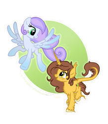 Size: 903x1035 | Tagged: safe, artist:angelea-phoenix, imported from derpibooru, oc, oc only, oc:autumn oak, oc:cloudy dreamscape, pegasus, pony, unicorn, female, flying, mare, simple background, transparent background, unshorn fetlocks