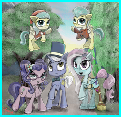 Size: 2000x1946 | Tagged: safe, artist:chopsticks, imported from derpibooru, barley barrel, kerfuffle, petunia petals, pickle barrel, sunny skies, earth pony, pegasus, pony, unicorn, rainbow roadtrip, amputee, barrel twins, bow, bowtie, brother and sister, clothes, colt, cute, female, filly, flying, foal, glasses, hat, headband, illusion, male, mare, prosthetic limb, prosthetics, siblings, stallion, top hat, twins, von bezold spreading effect