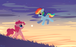 Size: 2299x1448 | Tagged: safe, artist:mirtash, imported from derpibooru, pinkie pie, rainbow dash, earth pony, pegasus, pony, chest fluff, cute, dashabetes, diapinkes, duo, ear fluff, evening, looking at each other, missing cutie mark, open mouth, outdoors, profile, raised hoof, smiling, spread wings, wallpaper, wings