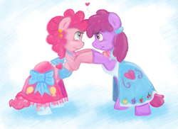 Size: 815x593 | Tagged: safe, artist:pippy, imported from derpibooru, berry punch, berryshine, pinkie pie, earth pony, pony, pinkiepieskitchen, berrypie, bipedal, clothes, dress, eye contact, female, gala dress, heart, hooves together, lesbian, looking at each other, mare, shipping