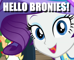 Size: 820x674 | Tagged: safe, edit, edited screencap, imported from derpibooru, screencap, applejack, rarity, camping must-haves, equestria girls, equestria girls series, spoiler:eqg series (season 2), breaking the fourth wall, bronybait, caption, cropped, cute, geode of super strength, hello, image macro, magical geodes, offscreen character, raribetes, solo focus, talking to viewer, text