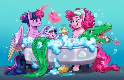 Size: 1114x718 | Tagged: safe, artist:hazurasinner, imported from derpibooru, gummy, pinkie pie, twilight sparkle, oc, oc:starchaser, alicorn, alligator, unicorn, blue background, cloven hooves, colored wings, colored wingtips, cute, family, female, filly, lesbian, magic, magic aura, magical lesbian spawn, offspring, older, older gummy, parent:pinkie pie, parent:twilight sparkle, parents:twinkie, rubber duck, shipping, simple background, sponge, suds, telekinesis, toothbrush, twilight sparkle (alicorn), twinkie