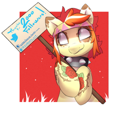 Size: 923x846 | Tagged: safe, artist:cokesleeve, imported from derpibooru, oc, oc only, oc:red ink, earth pony, pony, collar, headband, meta, milestone, sign, simple background, solo, tattoo, twitter